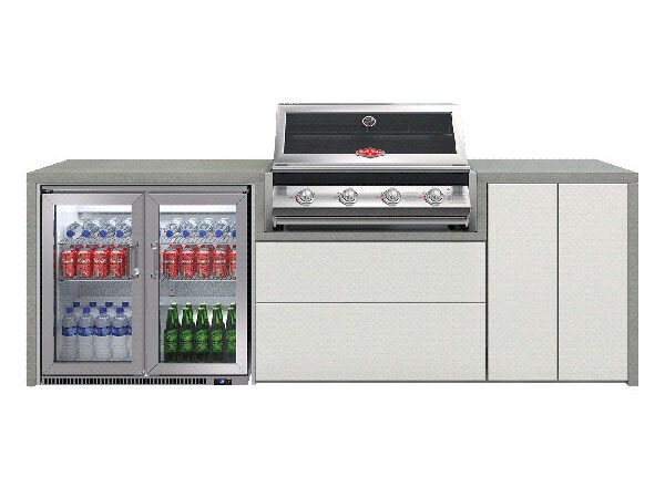 4-Burner Signature Grill with 2 Drawers, 1 Double Door in White, Single Fridge and Quartz Stone Worktop