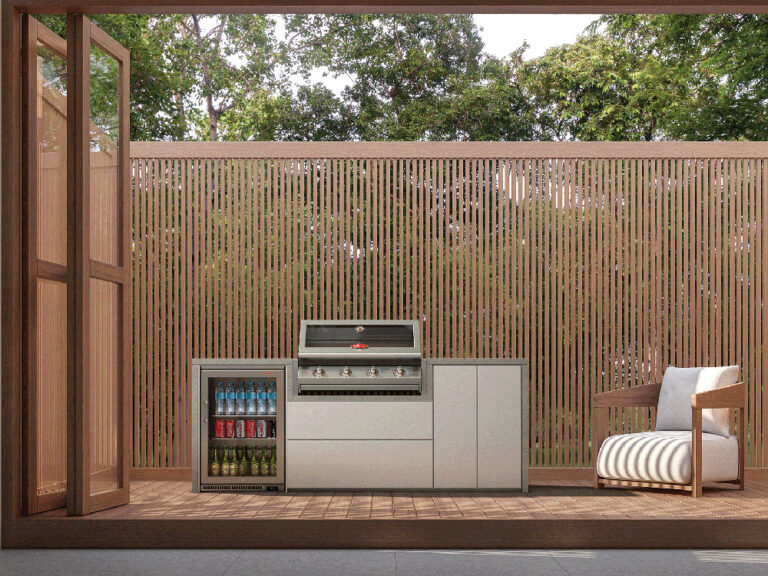 4-Burner Signature Grill with 2 Drawers, 1 Double Door in White, Single Fridge and Quartz Stone Worktop - Unit no. BOK41WG