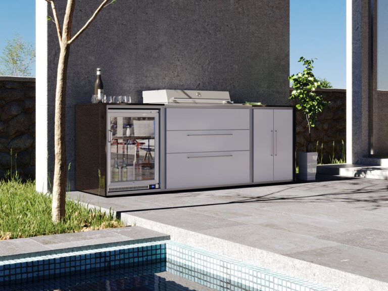 6-Burner Proline Grill with Roaster, 2 Drawers, 1 Double Door in White, Single Fridge and Granite Worktop