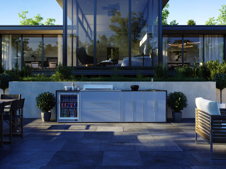 6-Burner Proline Grill with Roaster, 2 Drawers, 2 Double Doors in Silver Grey, Sink, Single Fridge and Granite Worktop