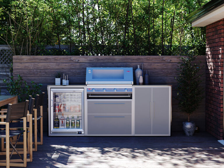4-Burner Signature Grill with 2 Drawers, 1 Double Door in Silver Grey, Single Fridge and Granite Worktop