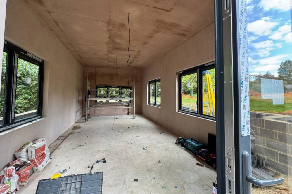 Plastered interior for new garden room for golf simulator