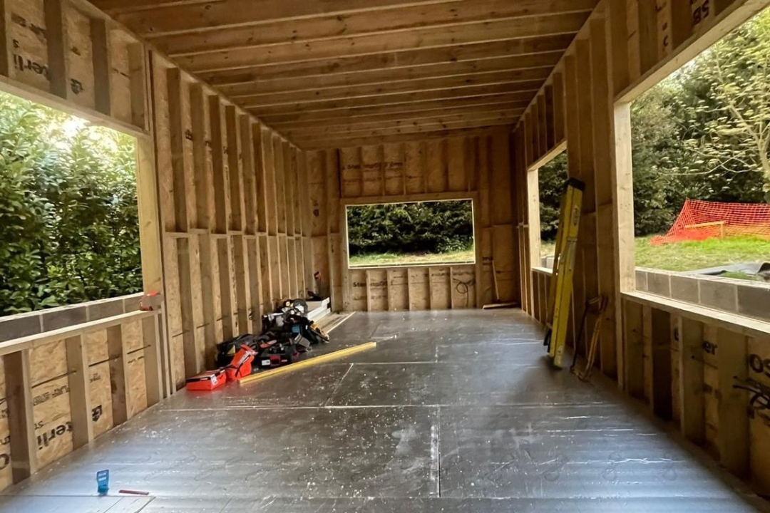 Inside of garden room's new timber frame