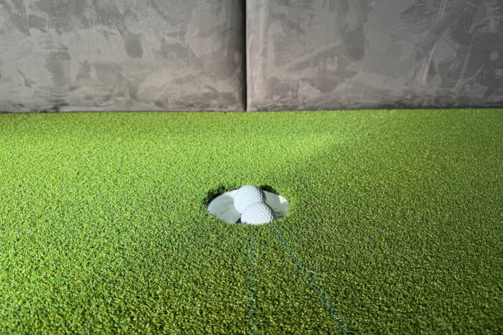 Astroturf flooring for putting hole that has 2 golf balls in it